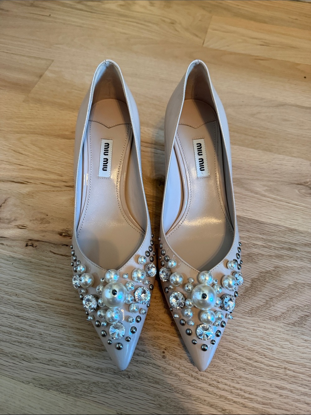Miu Miu Blush Pearl & Crystal Pointed-Toe Pumps - Picture 3 of 8